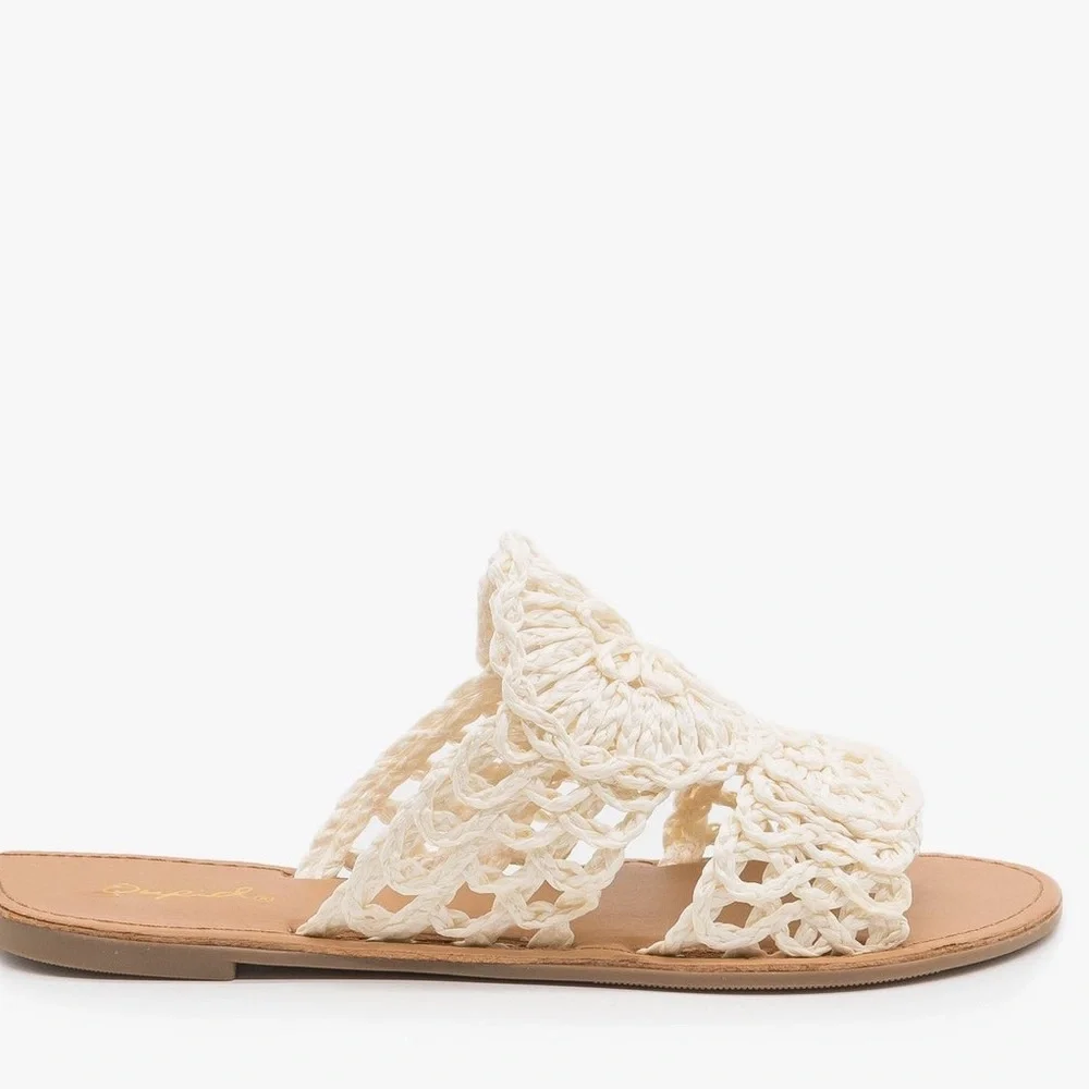 Qupid Athena Off-White Western Trend Crochet Flat Sandal - Picture 10 of 14